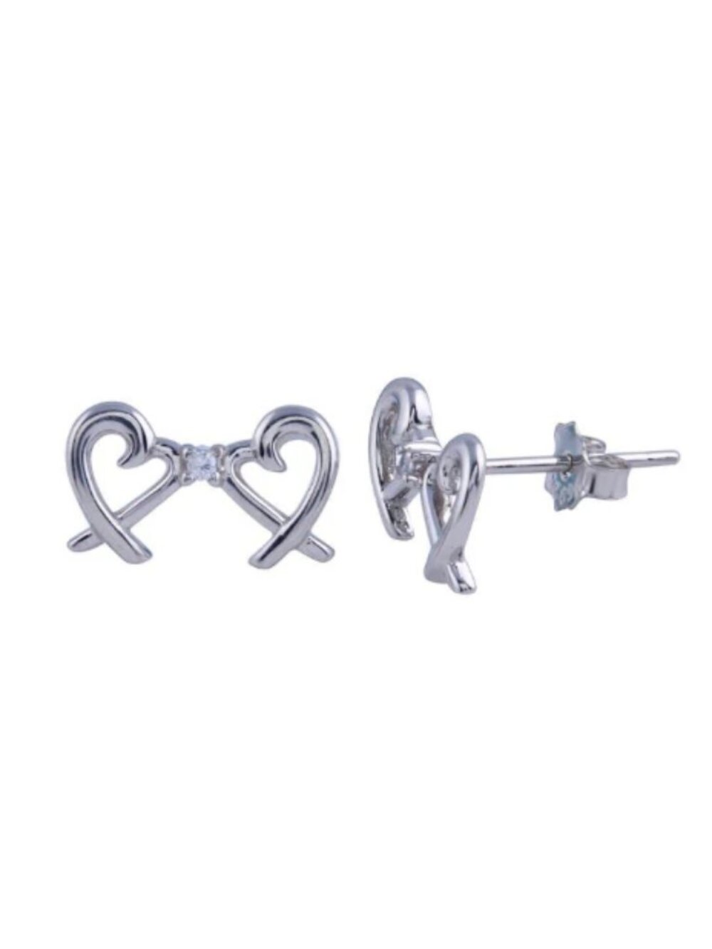 Sterling Silver 925 Rhodium Plated Double Heart CZ Stud Earrings